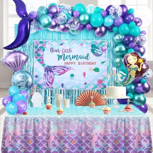 4 Pcs Mermaid Tablecloth Ocean Theme Rectangular Table Covers for Birthday Parties