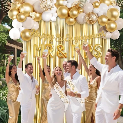 Engagement Party Decor Kit Gold White Balloons