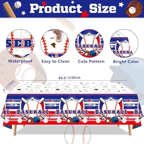 4-Pack Baseball Themed Tablecloths - 86 x 51 Inch Plastic Covers