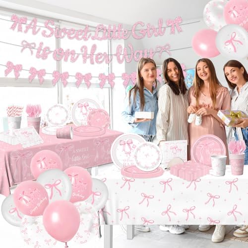 Pink Bow Baby Shower Tableware Set for Girls