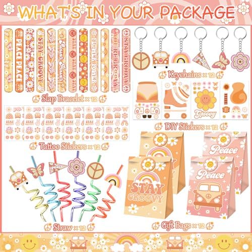 Groovy Party Favors 72 PCS Retro Boho Decor Set