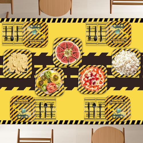 4 Pack Construction Tablecloths - Yellow Rectangle Table Covers for Kids Birthday Parties