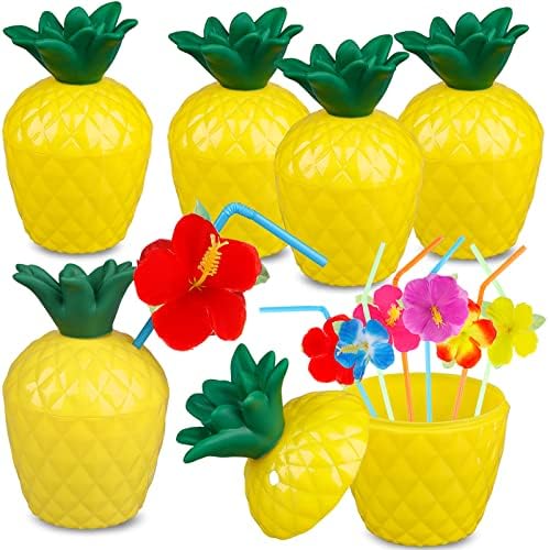 6-Pack Pineapple Cups with 12 Flower Straws for Tropical Party