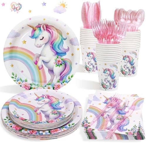 175Pcs Unicorn Birthday Decorations Plates Set