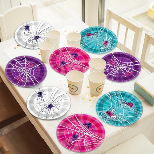60Pcs 7 Inch Pink Spider Party Plates Decorations