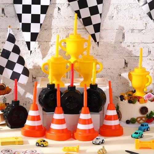 Mifoci 12 Pack Construction Tire Cone Cups with Yellow Straws for Party