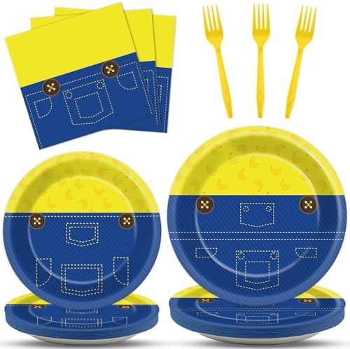 Justforjoyful 96Pcs Yellow Cartoon Paper Plates Set for Birthday Party