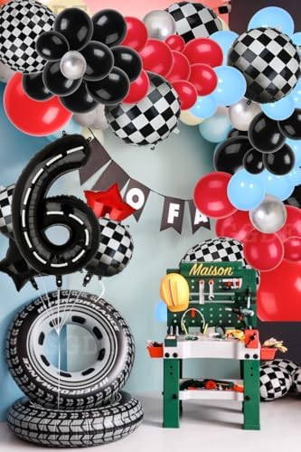 40 Inch Race Car Birthday Balloons with 6 Black Numbers