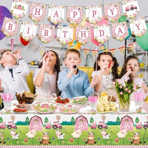 171Pcs Farm Animals Party Tableware Set Pink Baby Shower Decorations