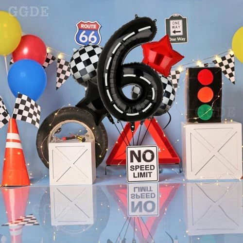 40 Inch Race Car Birthday Balloons with 6 Black Numbers