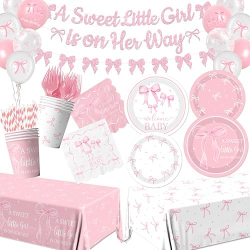 Pink Bow Baby Shower Tableware Set for Girls