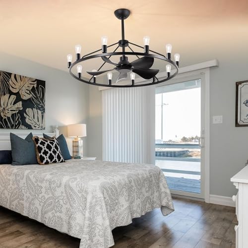 44 Inch Black Chandelier Fan with Remote and 12 Lights