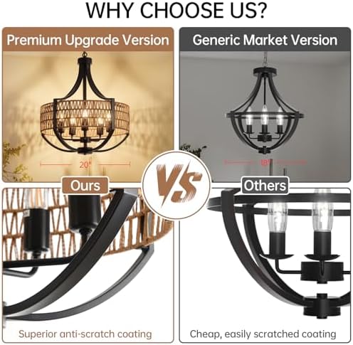 VDWO 20 Black Rattan Chandelier 5 Light Farmhouse Pendant Lighting