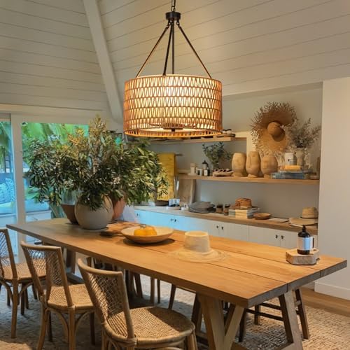 Boho Rattan Chandelier with 5 Lights and Double Shades