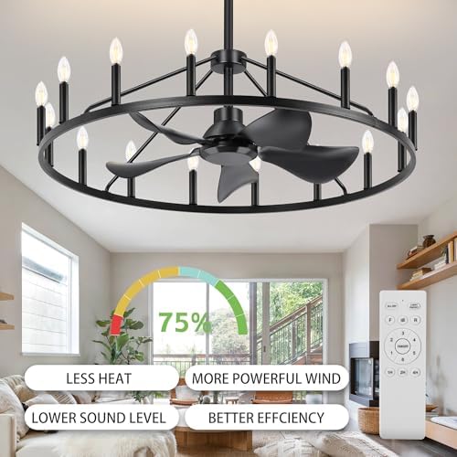 Shes Home 43 Inch Black Wagon Wheel Chandelier Fan with Light and Remote