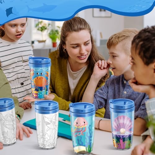 Ocean Animal DIY Cups with Lids and Pens for Kids