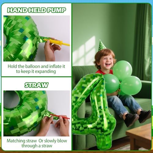 40 Inch Green Pixel Miner Themed Number Balloons Number 4