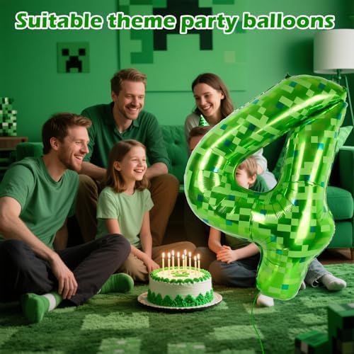 40 Inch Green Pixel Miner Themed Number Balloons Number 4