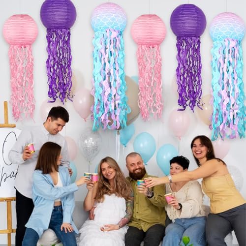 Mermaid Theme Paper Lanterns Set 6pcs Pink Purple Blue