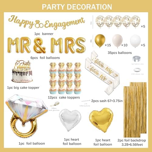 Engagement Party Decor Kit Gold White Balloons
