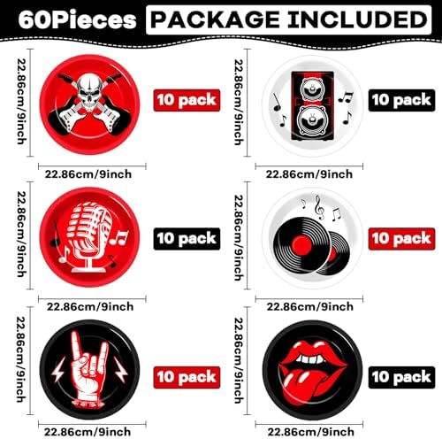 60Pcs Rock Music Party Paper Plates Set 9in