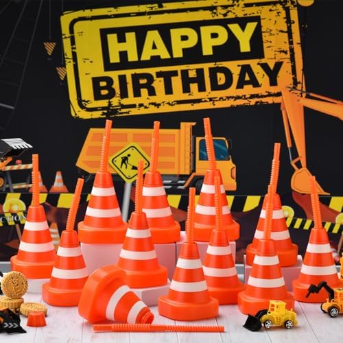 8-Pack Construction Cone Cups with Straws for Kids Party