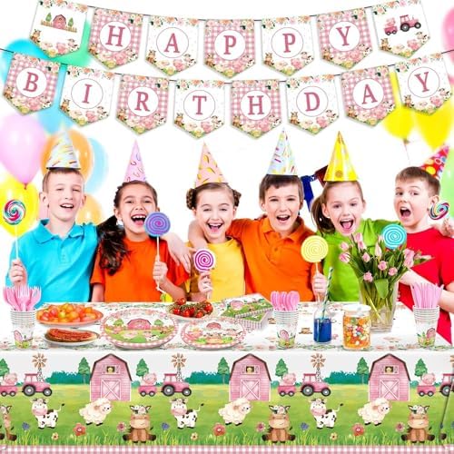 171Pcs Farm Animals Party Tableware Set Pink Baby Shower Decorations