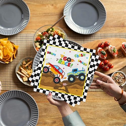 Monster Trucks 40pcs Napkins with Checkered Flag Design