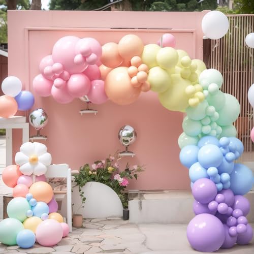 House Of Party 140pcs Pastel Rainbow Balloon Arch Kit with Happy Birthday Banner