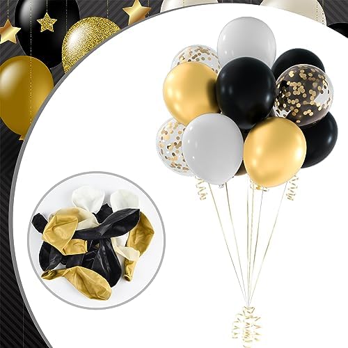 NEBURORA 60pc Black and Gold Confetti Balloons with Ribbons