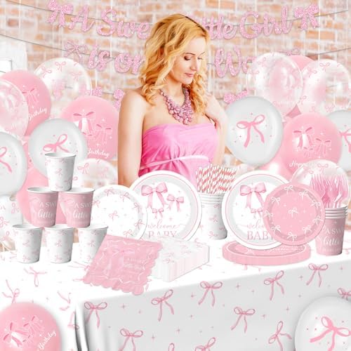 Pink Bow Baby Shower Tableware Set for Girls