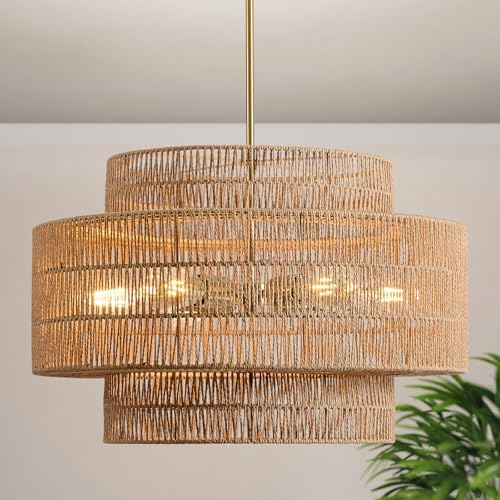 24-inch Boho Rattan Chandelier with 6 Lights