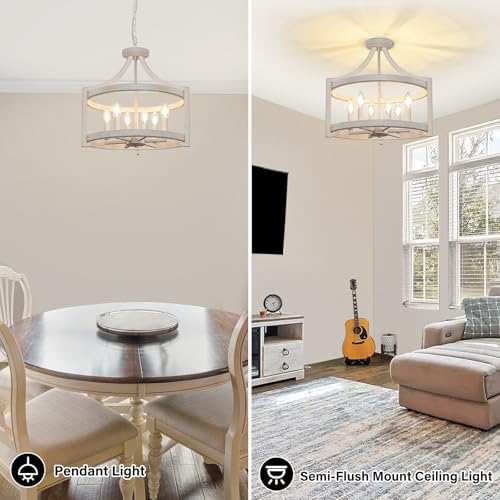 6-Light Farmhouse Chandelier Distressed White Hanging Pendant Lighting