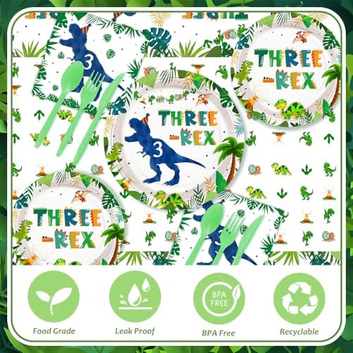194pcs Dinosaur 3rd Birthday Party Set Plates Cups Napkins Tableware