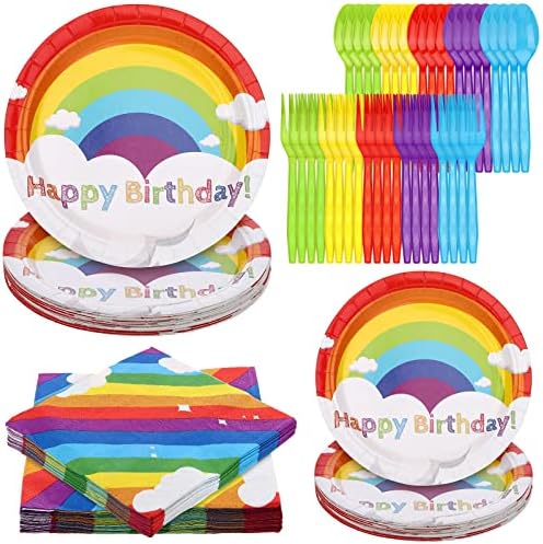 100 Pcs Rainbow Party Plates Napkins and Tableware for 20 Guests