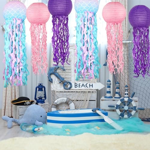 Mermaid Theme Paper Lanterns Set 6pcs Pink Purple Blue