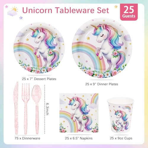175Pcs Unicorn Birthday Decorations Plates Set