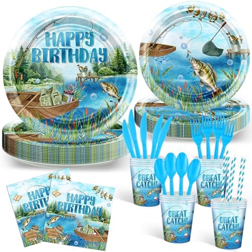 Avezano 192 Pcs Fishing Birthday Plates and Napkins Set Serve 24 Guests