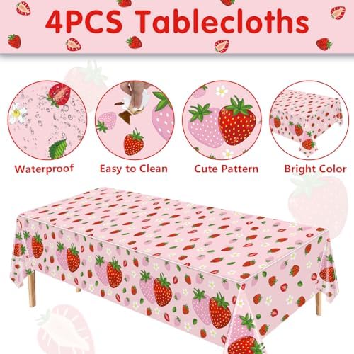 4 Pack Strawberry Birthday Tablecloths 51x86 in