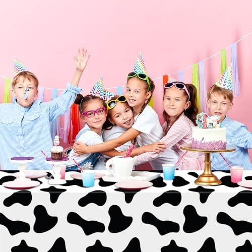 4PCS Hot Pink Disco Cowgirl Tablecloths with Cow Print and Disco Ball Patterns
