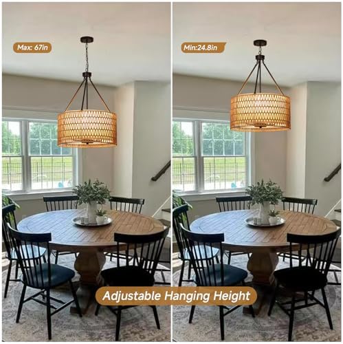 Boho Rattan Chandelier with 5 Lights and Double Shades