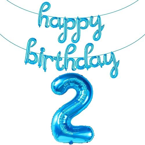 KatchOn Big Blue Number 2 Balloon with Happy Birthday Banner - Pack of 2