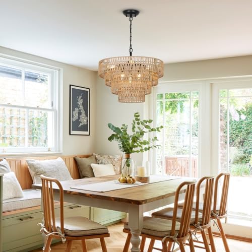 Boho Rattan Chandelier 6 Light Farmhouse Dining Room Pendant