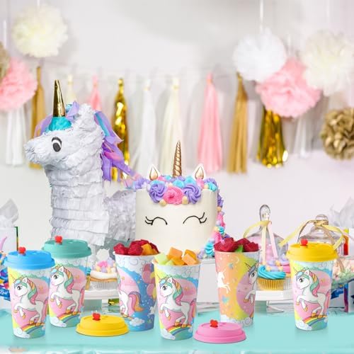 Maxcheck 24 Unicorn Cups with Straws for Birthday Party
