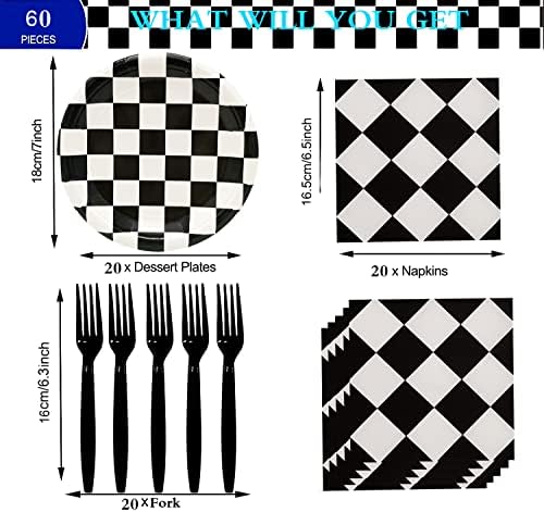 60Pcs Black and White Checkered Race Car Party Plates Set