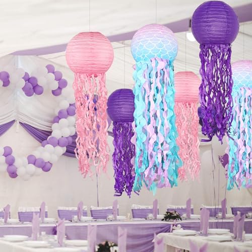 Mermaid Theme Paper Lanterns Set 6pcs Pink Purple Blue