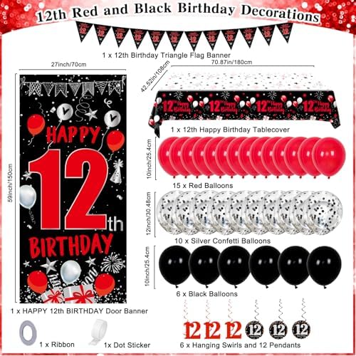 Happy 12th Birthday Decorations Red Black Set