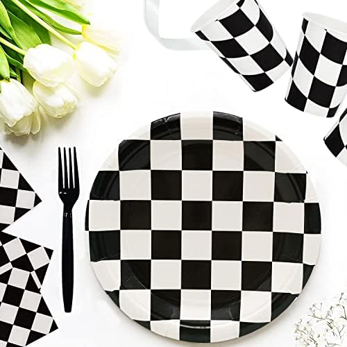 60Pcs Black and White Checkered Race Car Party Plates Set
