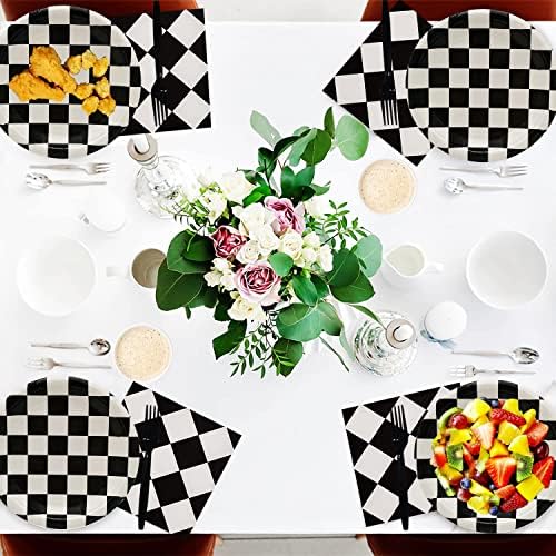 60Pcs Black and White Checkered Race Car Party Plates Set