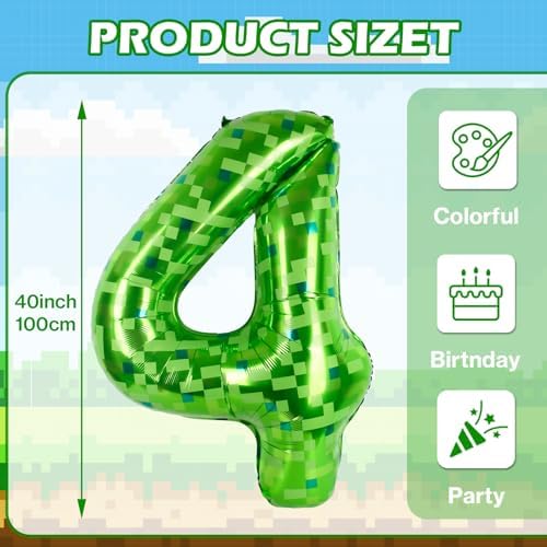 40 Inch Green Pixel Miner Themed Number Balloons Number 4